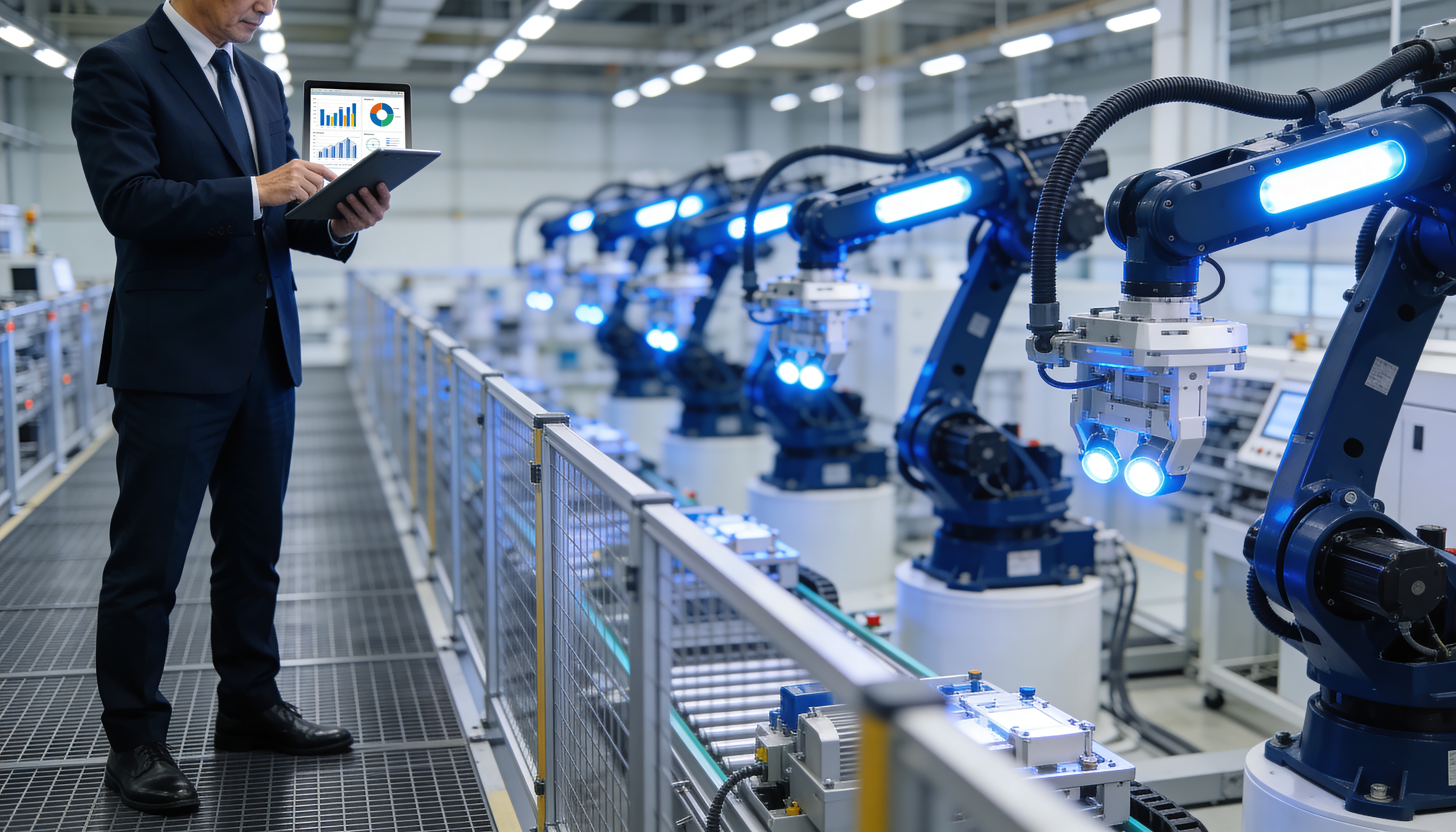 スマート工場でタブレットを操作する経営者