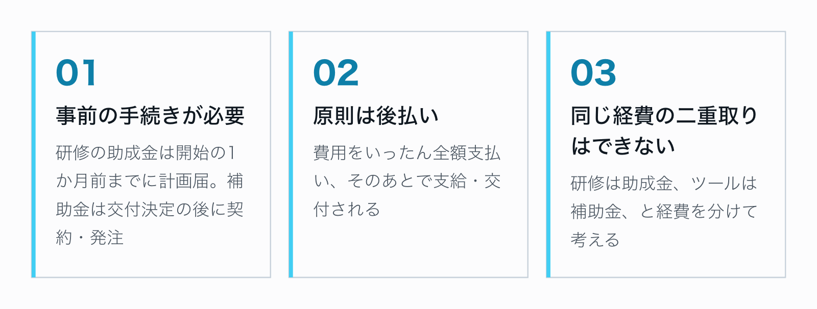どの制度にも共通する3つの注意点。事前の手続きが必要、原則は後払い、同じ経費の二重取りはできない