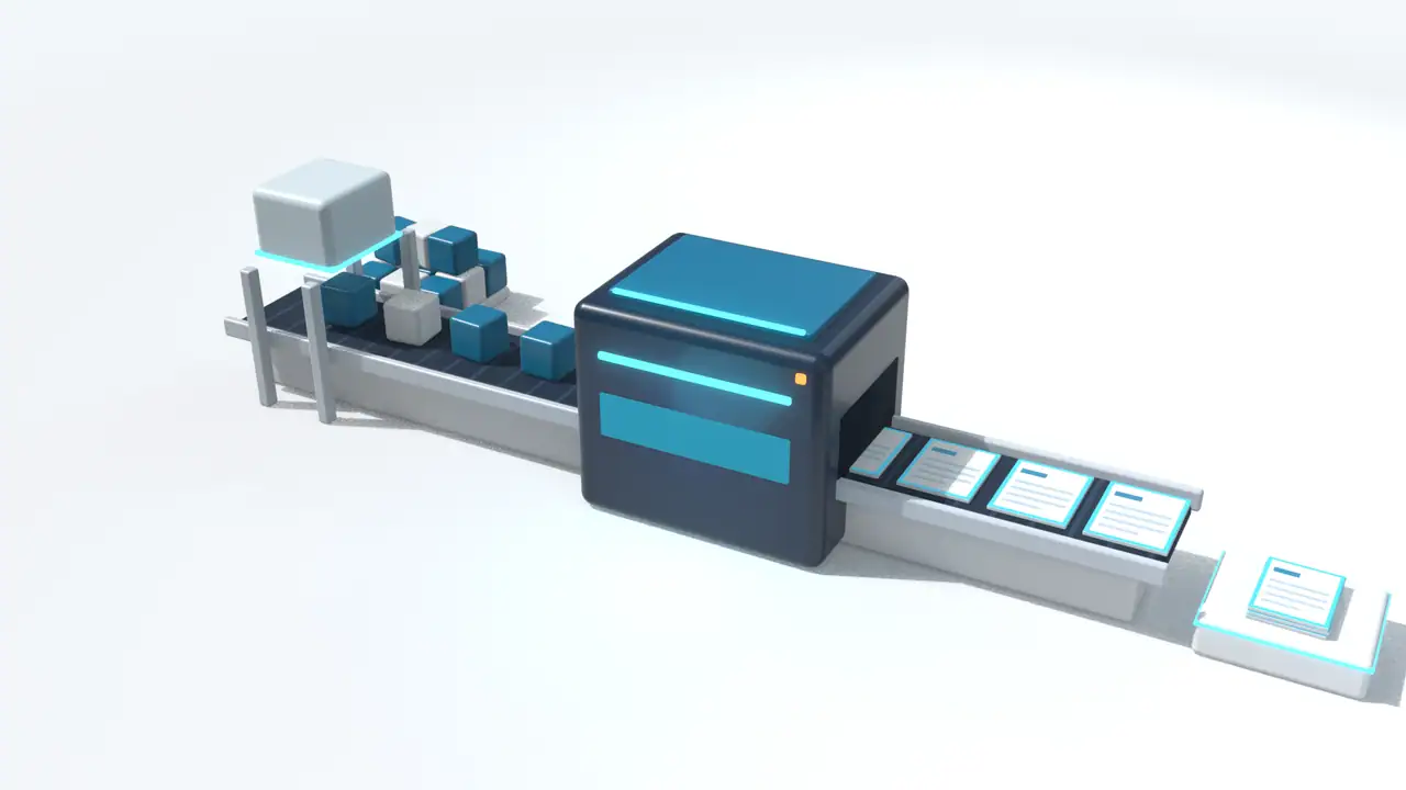 材料の箱がベルトコンベアで機械に入り、書類になって出てくる3DCG