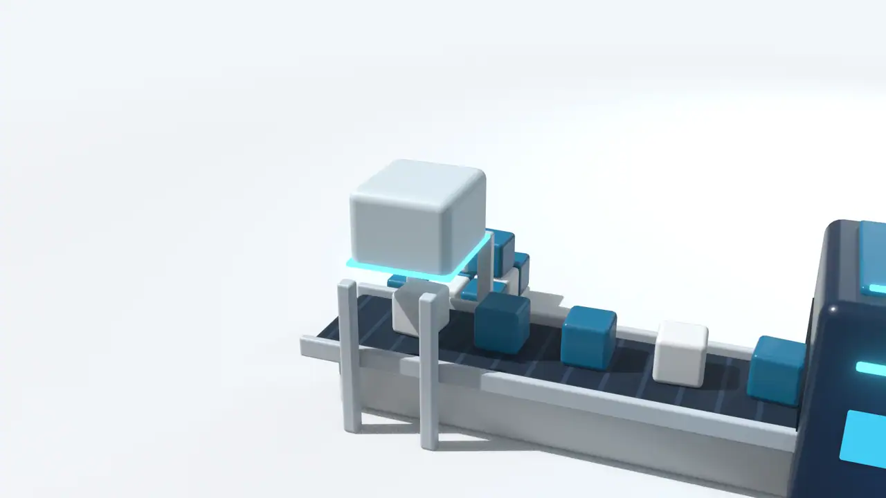 材料の箱がベルトコンベアに載せられる3DCG(入力)