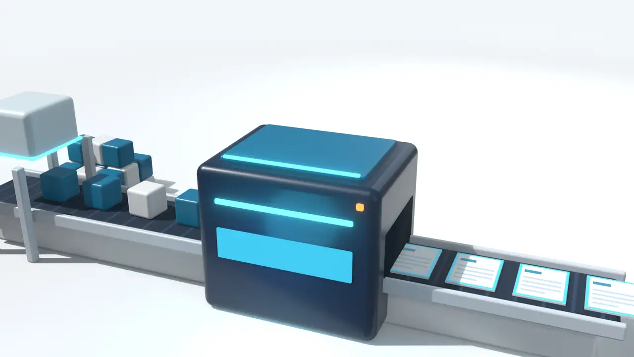 箱が機械に入り、書類になって出てくる3DCG(処理)