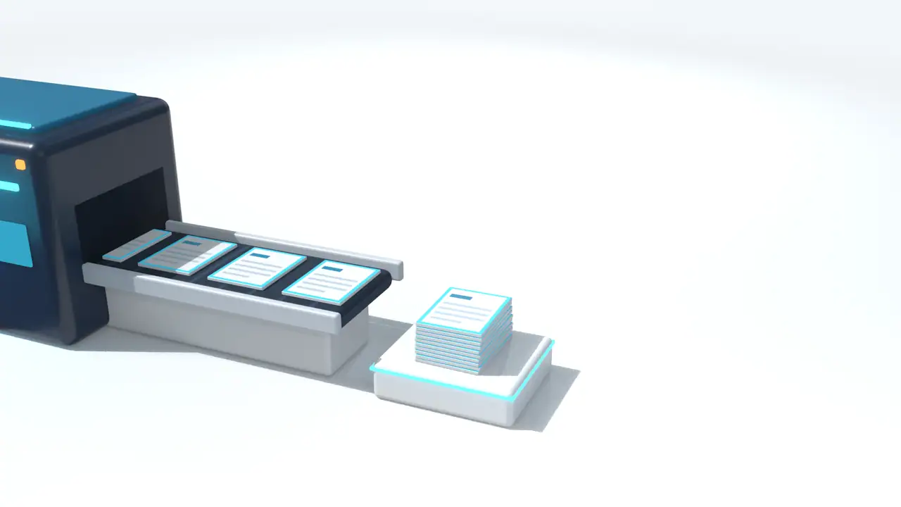 できあがった書類が積み重なる3DCG(出力)