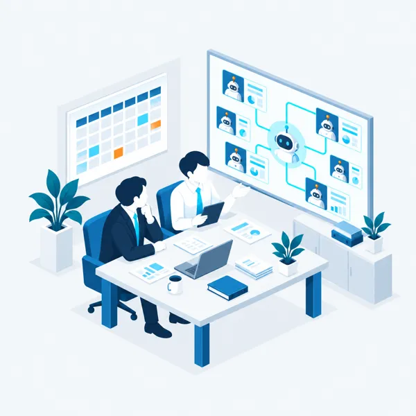 社長の隣で、AI顧問がAIエージェントのつながりを示した画面を一緒に見ているイラスト